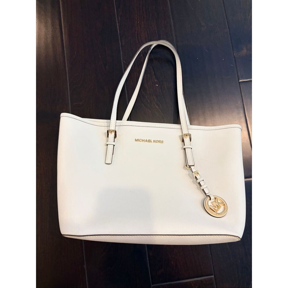 Michael Kors White Saffiano Leather Tote Bag Gold MK Charm Shoulder Purse EUC Ch